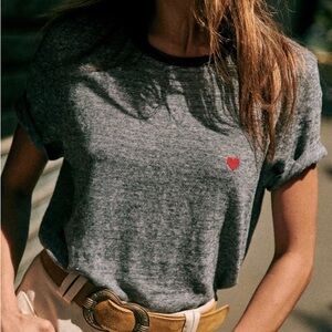 Sezane (M) Valentina Navy Blue 100% Linen Striped T-Shirt with Red Heart Detail